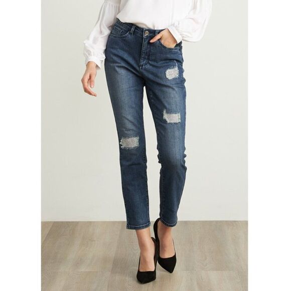 Joseph Ribkoff Womens Denim Jeans Distressed Bling Patches High Waist Blue Sz 4 - Picture 1 of 12